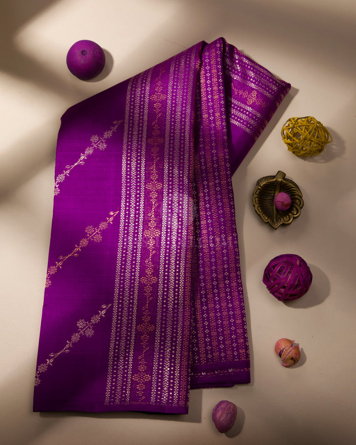 Violet & Parrot Green Pure Zari Kanjivaram Silk Saree - S750 - View 1