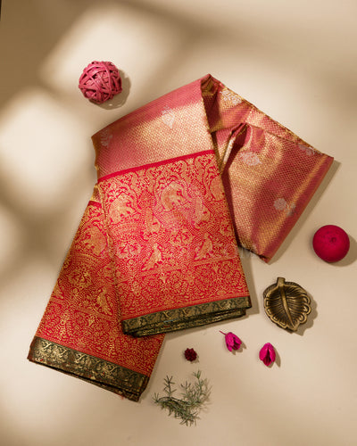 Light Pink & Red Pure Zari Kanjivaram Silk Saree - P135(A)