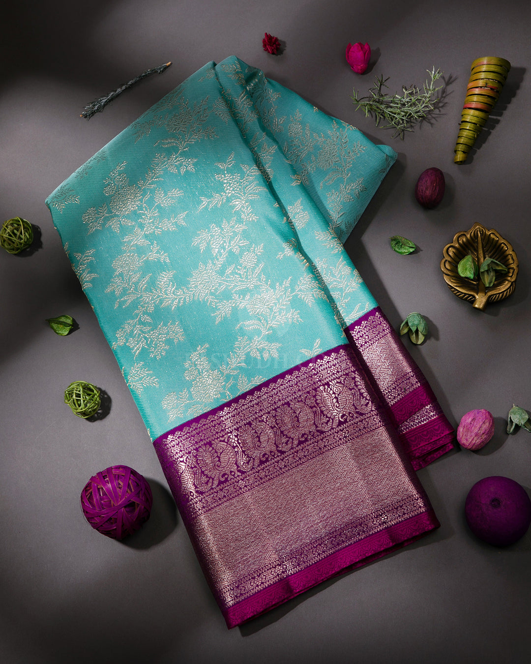 Aqua and Violet Pure Zari Kanjivaram Silk Saree - S748 - View 1