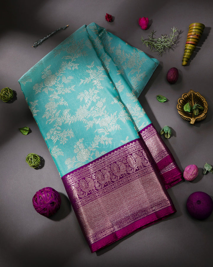 Aqua and Violet Pure Zari Kanjivaram Silk Saree - S748 - View 1