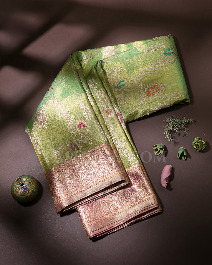 Parrot Green And Baby Pink Pure Zari Kanjivaram Silk Saree - P157(A)