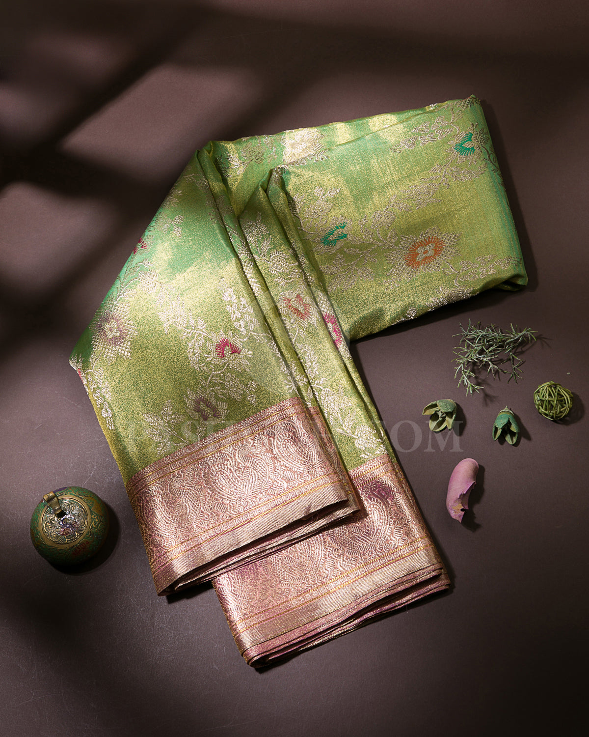 Parrot Green And Baby Pink Pure Zari Kanjivaram Silk Saree - P157(A)