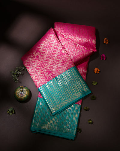 Rose Pink & Anandha Blue Kanjivaram Silk Saree - S985