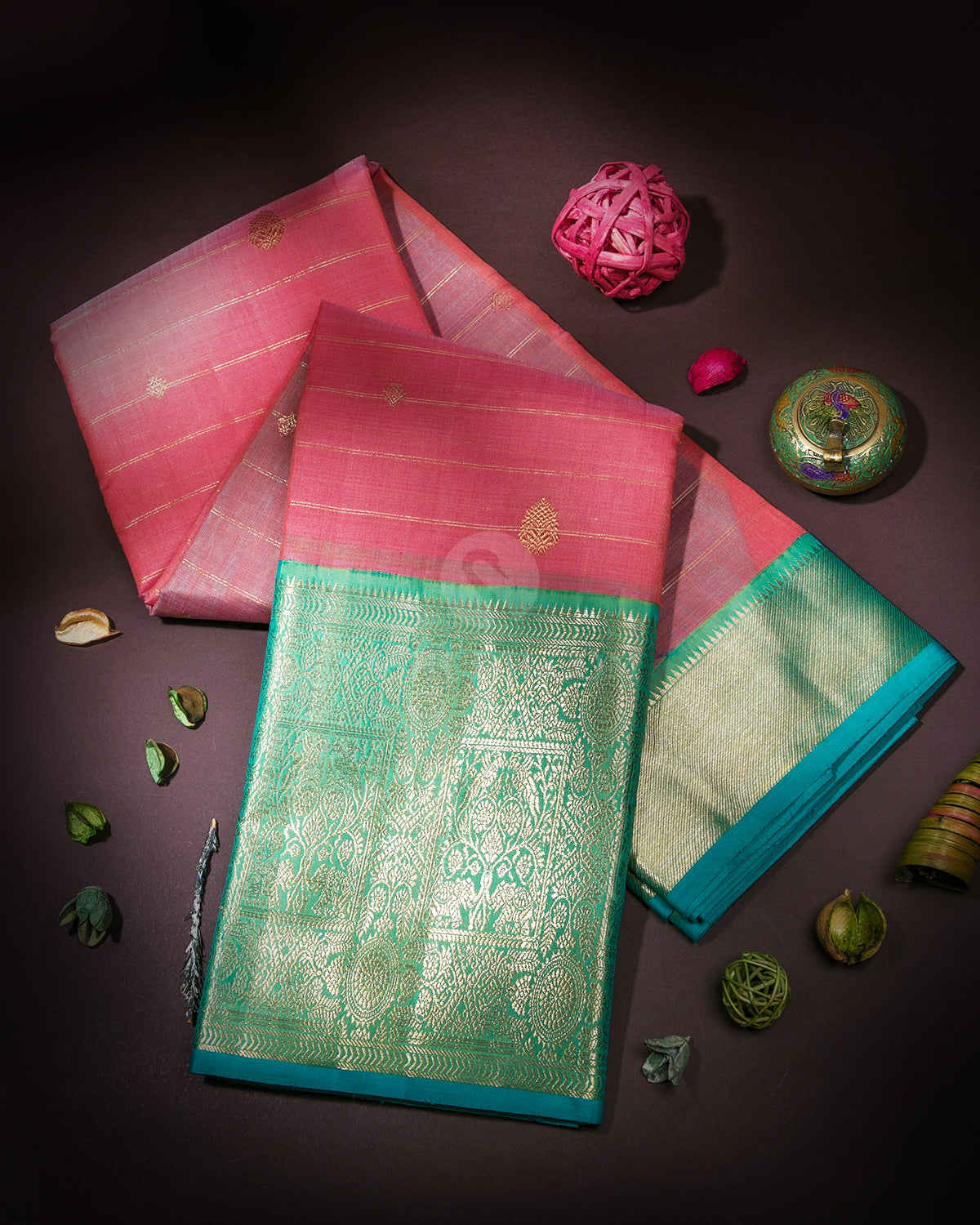 Pink & Cyan Kanjivaram Silk Saree - S876 - View 1
