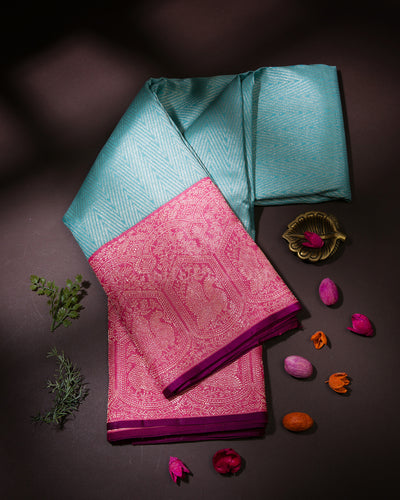 Sky Blue & Taffy Pink Kanjivaram Silk Saree - S967