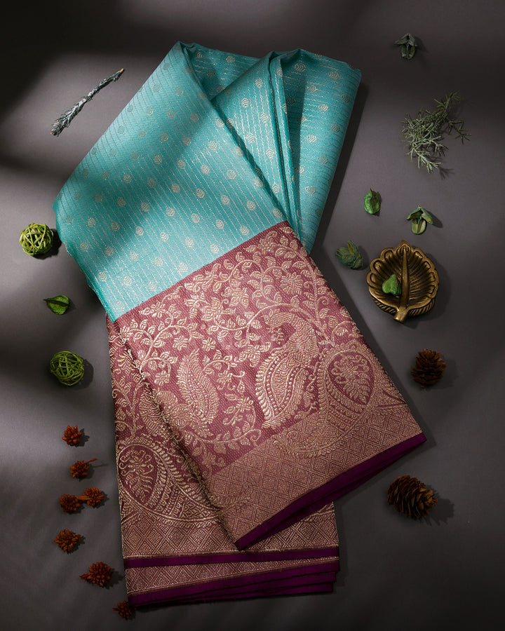 Sky Blue & Chocolate Kanjivaram Silk Saree - S763 - View1