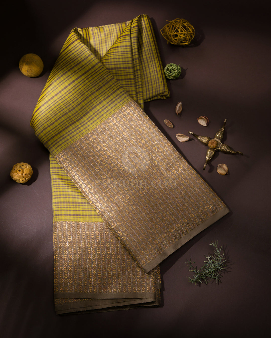 Yellow and Ash Grey Zari Kanjivaram Silk Saree - S749 - View 1