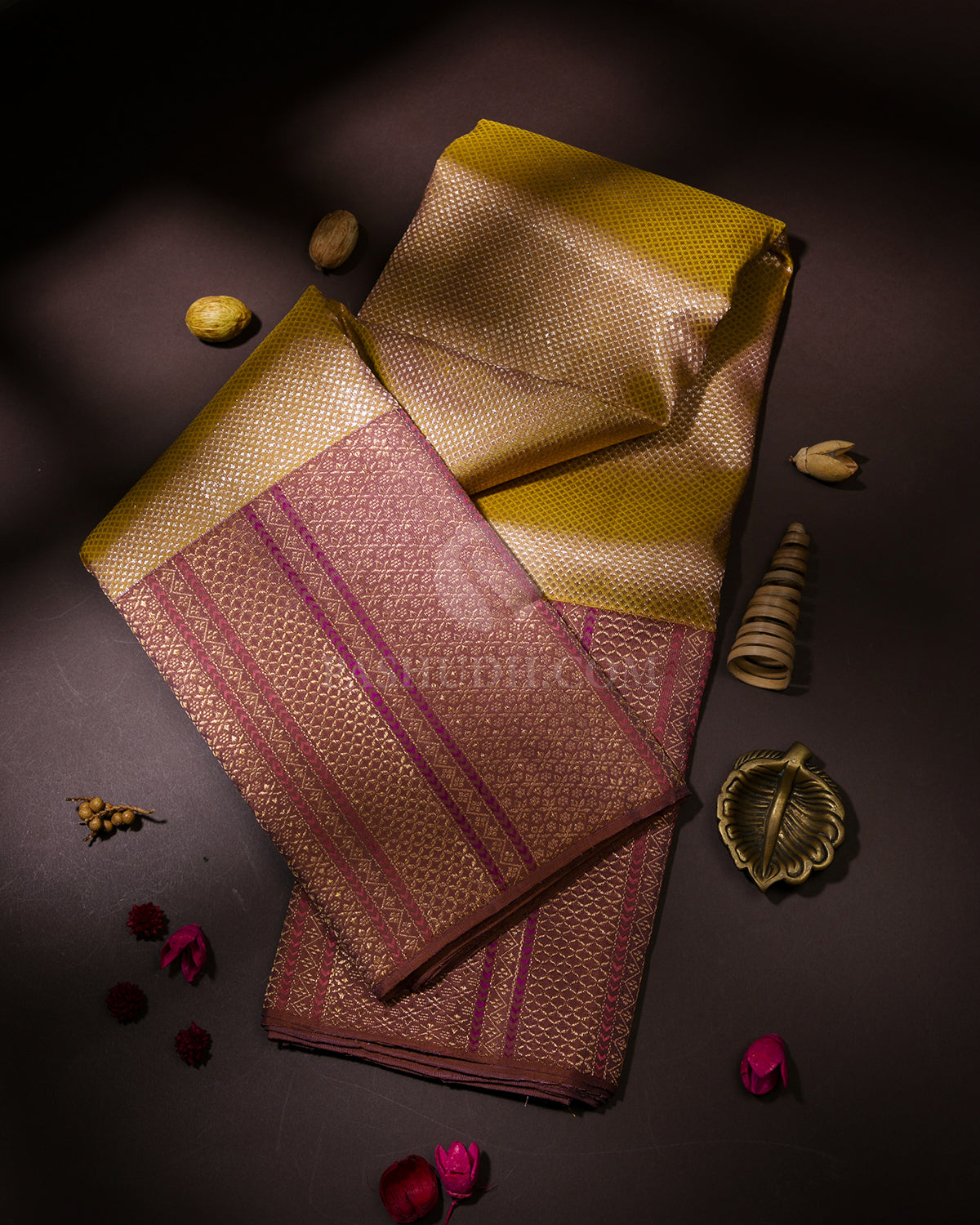 Golden Yellow & Mild Chocolate Brown Kanjivaram Silk Saree - S966