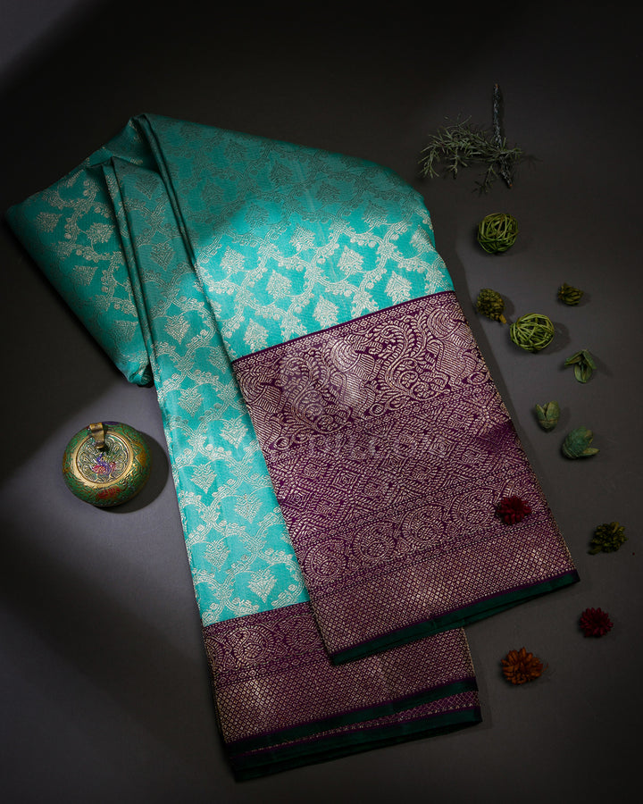 Sky Blue and Violet Pure Zari Kanjivaram Silk Saree - S720 - view 1