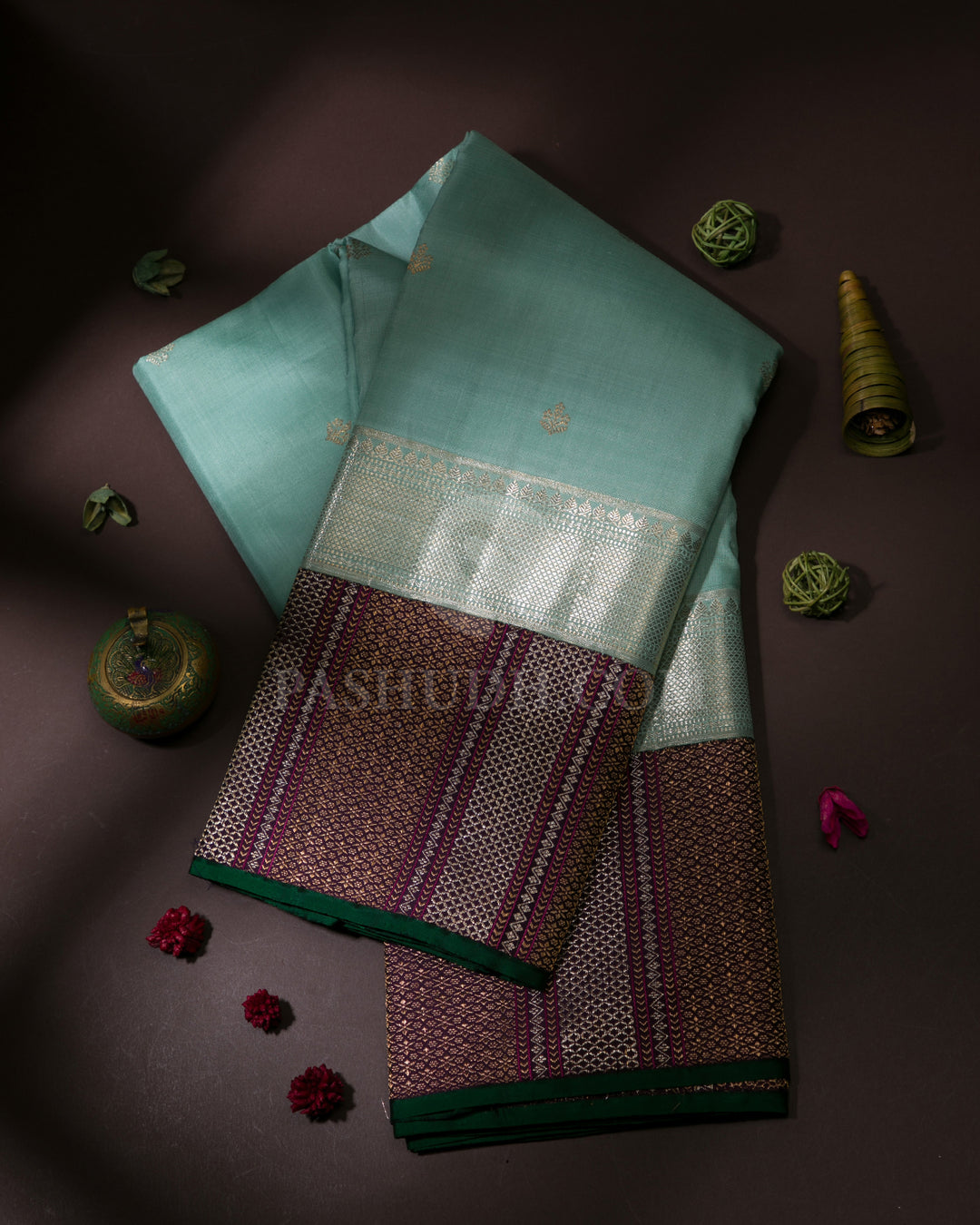 Light Teal Blue & Purple Kanjivaram Silk Saree - S1068(A)