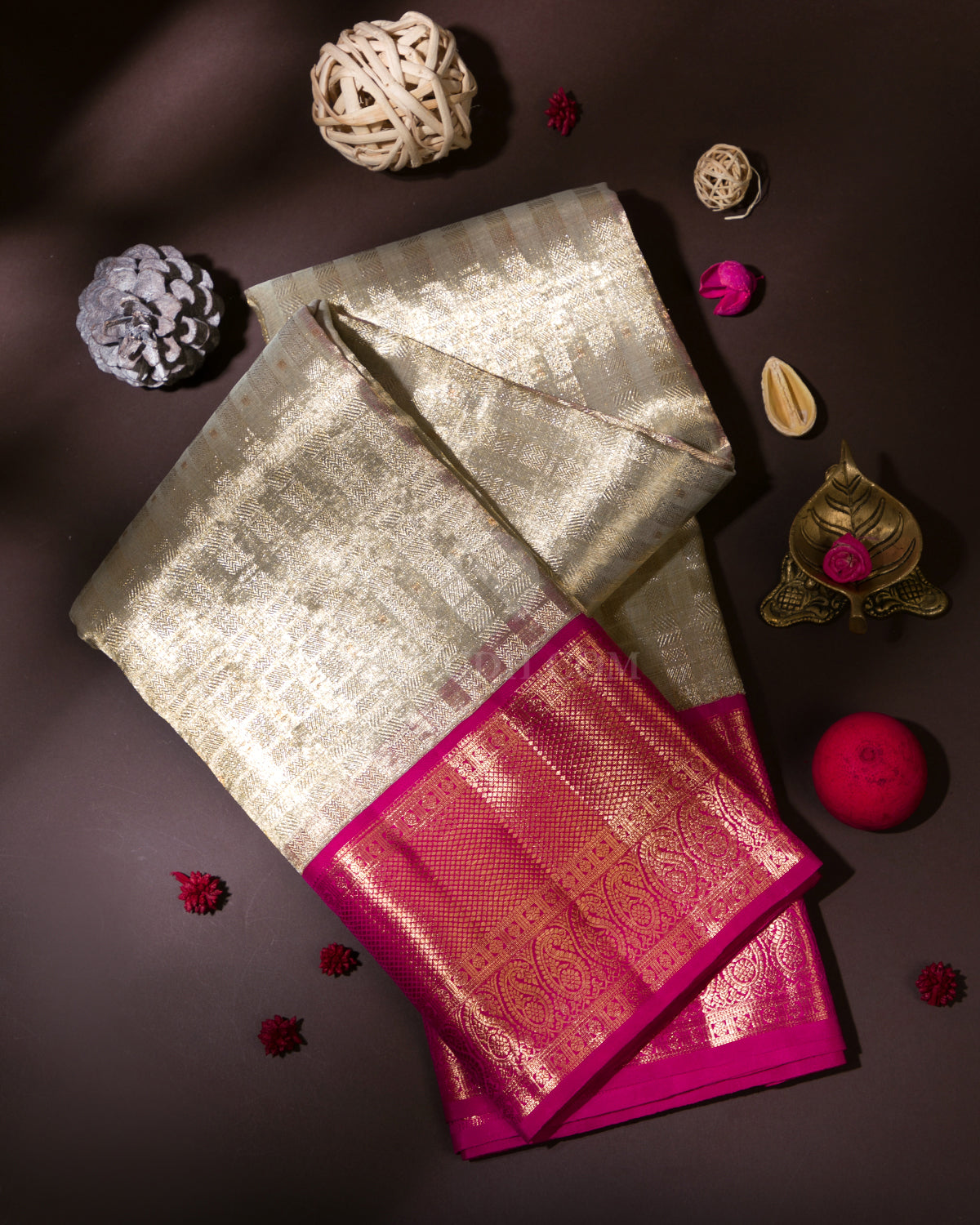 Gold & Pink Zari Kanjivaram Silk Saree - S824 - View 1