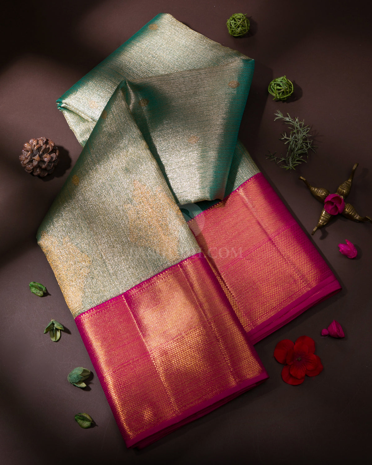 Light Green & Rani Pink Kanjivaram Silk Saree - S758 - View 1