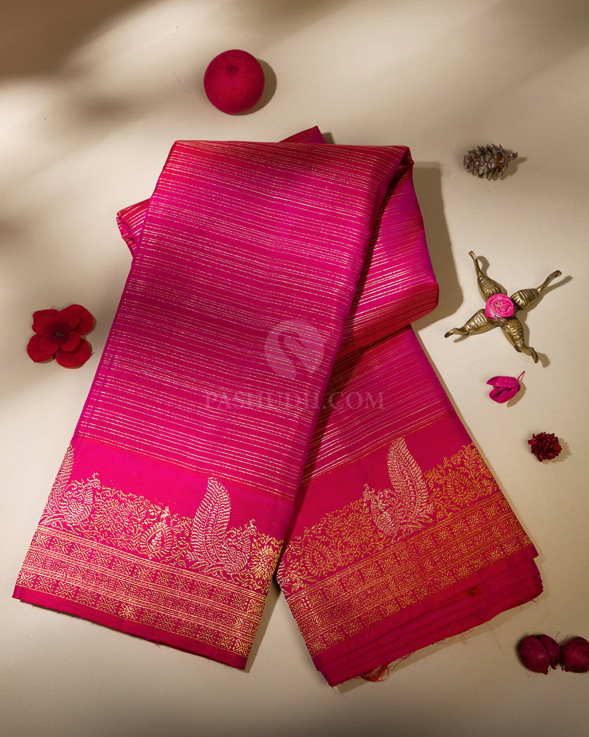 Dark Pink & Cream Pure Zari Kanjivaram Silk Saree - S840 - View 1