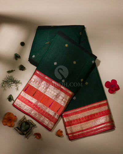 Bottle Green & Sunset Red Pure Zari Kanjivaram Silk Saree - P132