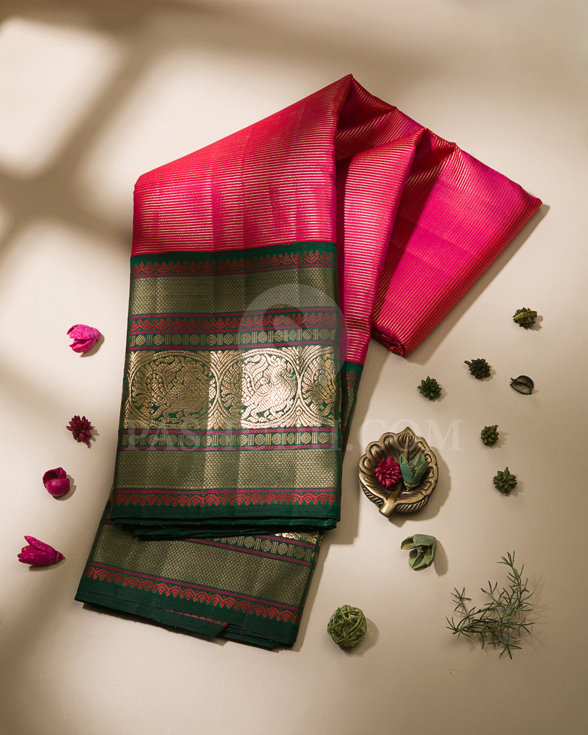 Red Shot Pink And Dark Green Kanjivaram Silk Saree - S1184(A)