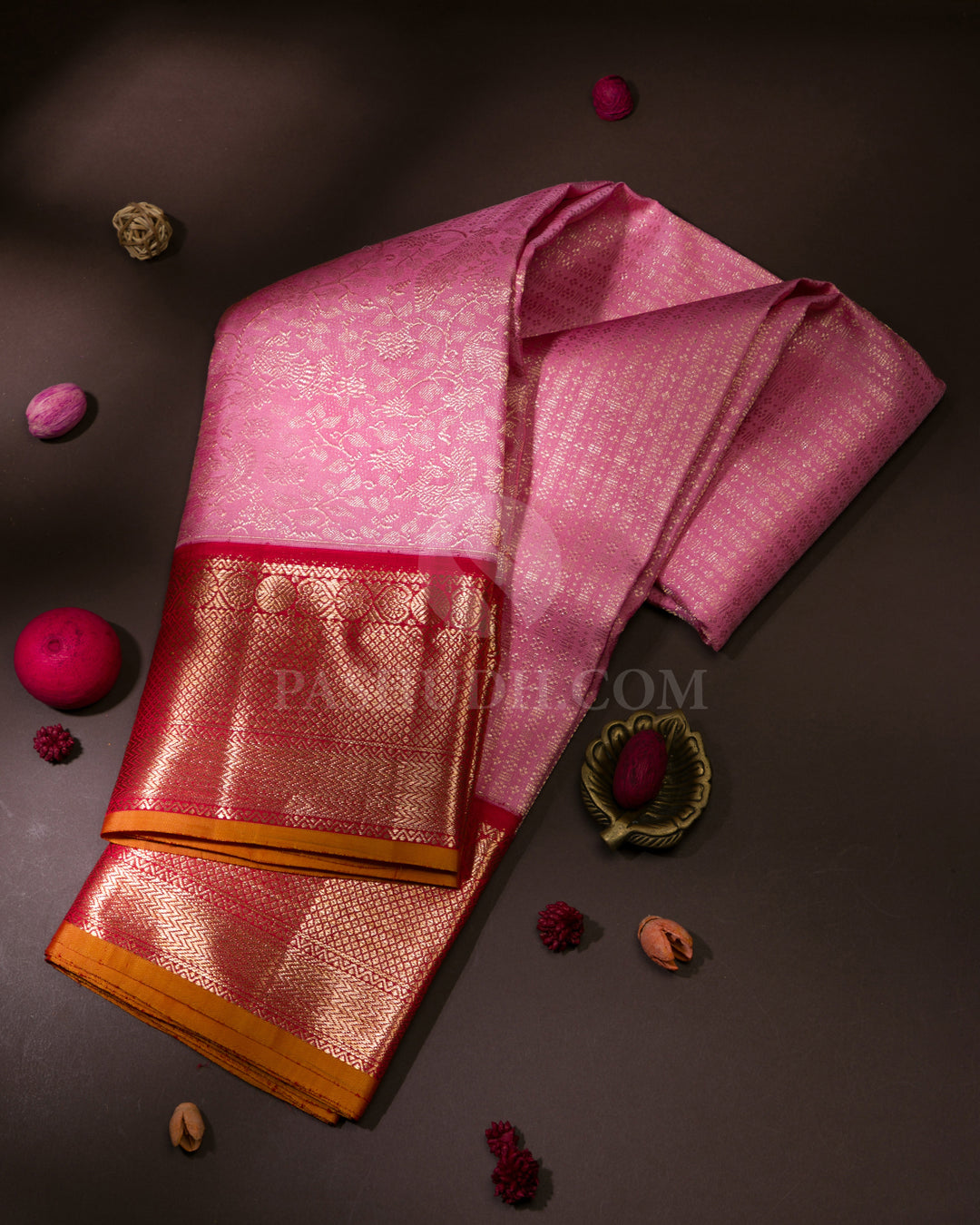 Rose Pink & Red Kanjivaram Silk Saree - S1076(A)