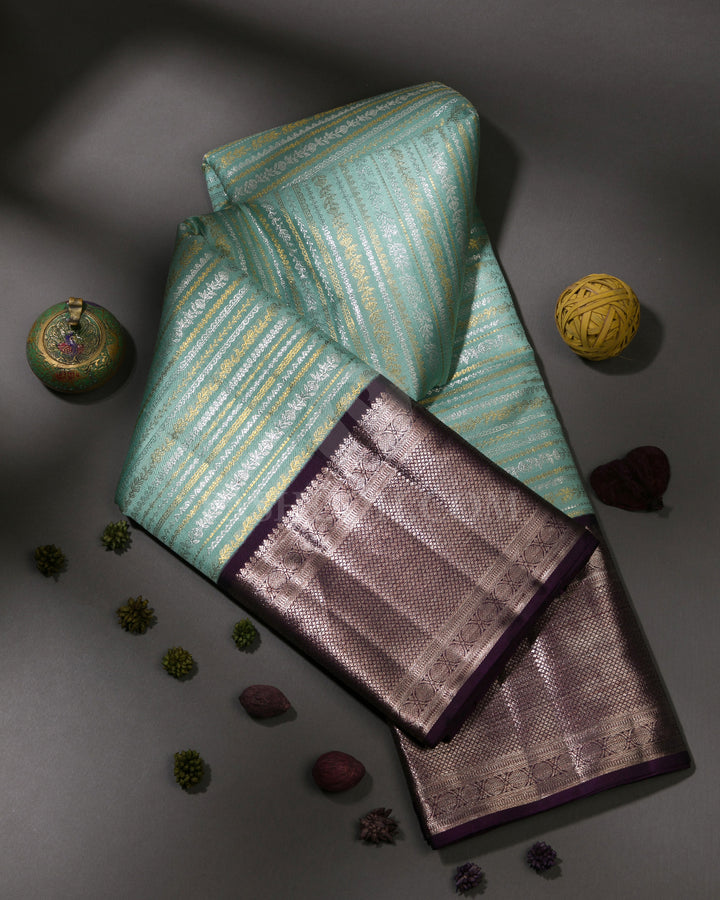 Mint Green & Aubergine Kanjivaram Silk Saree - S1016(A)