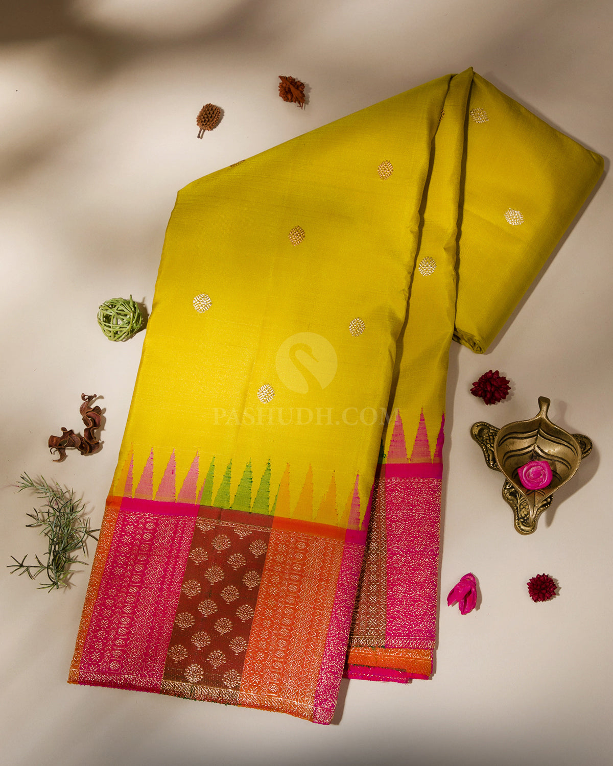 Yellow and Pink Kanjivaram Silk Saree - S785 -View 1
