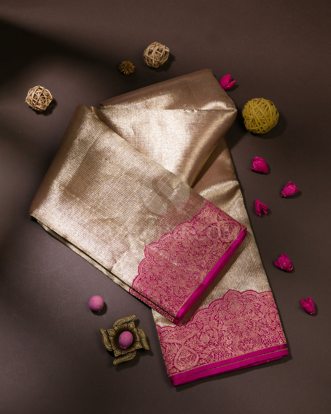 Antique Gold & Rani Pink Organza Kanjivaram Silk Saree - S1046(A)
