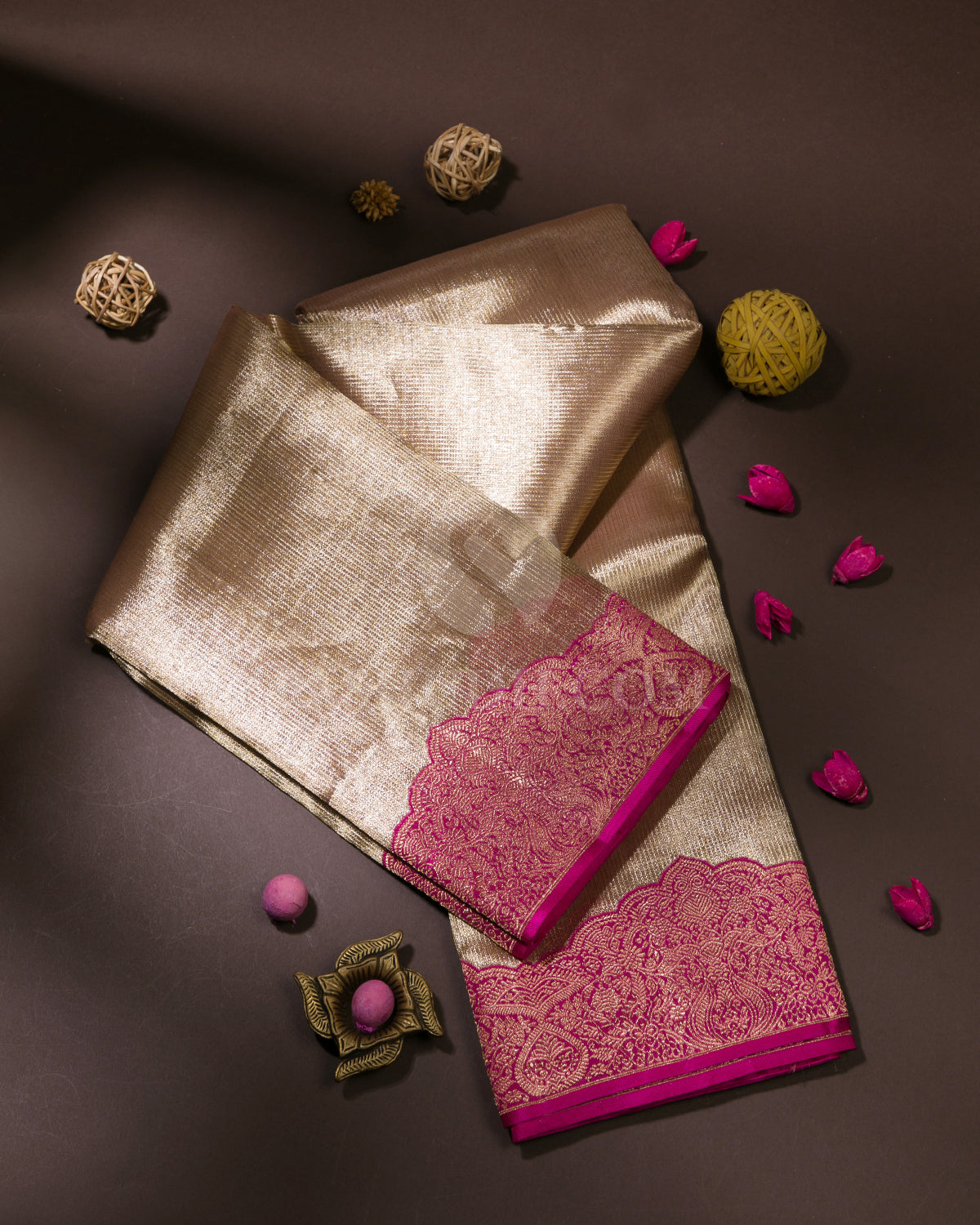 Antique Gold & Rani Pink Organza Kanjivaram Silk Saree - S1046(A)