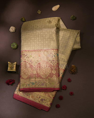 Gold & Pink Pure Zari Kanjivaram Silk Saree with Tissue Border - P148(A)