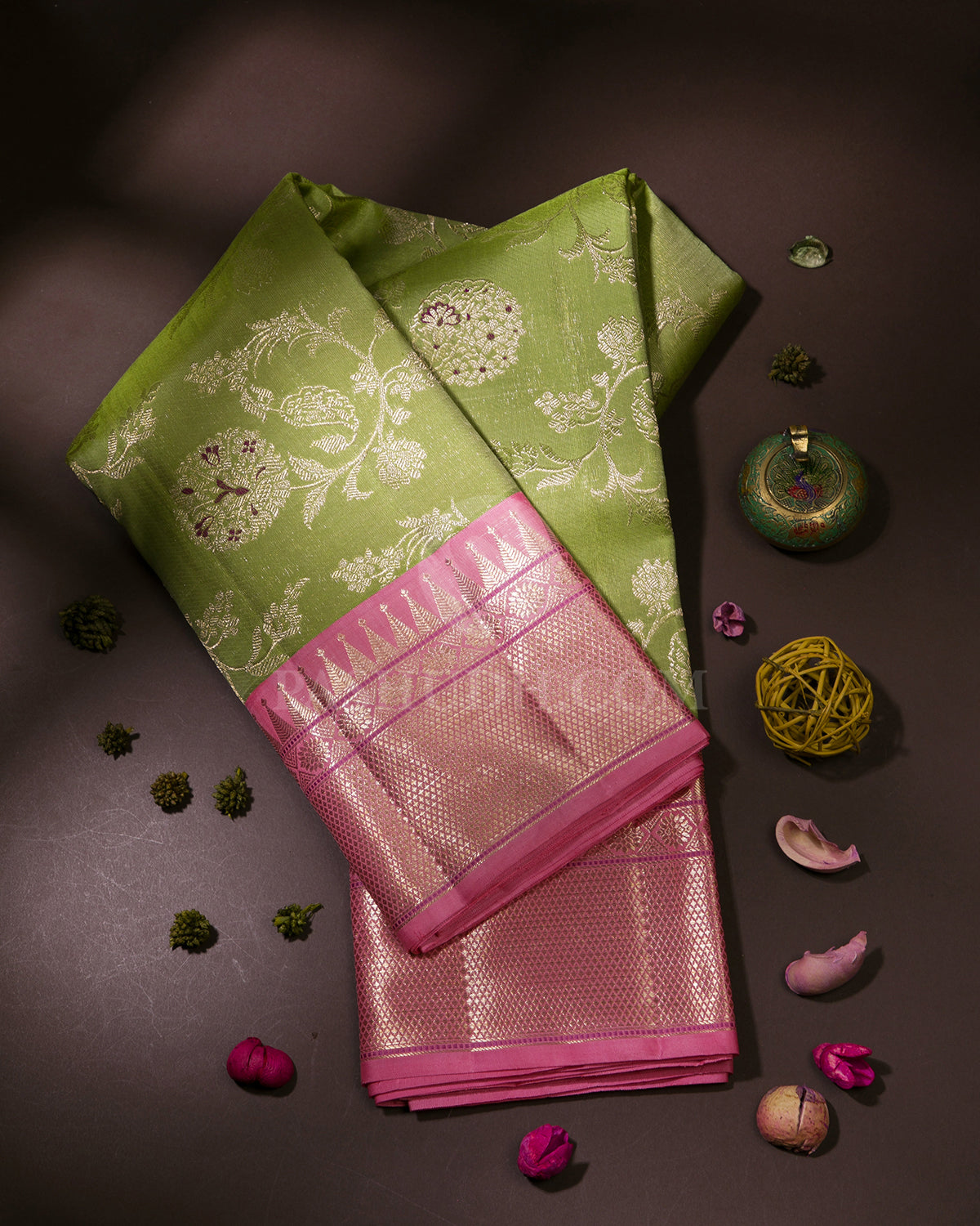 Parrot Green & Baby Pink Kanjivaram Silk Saree - S1050(A)