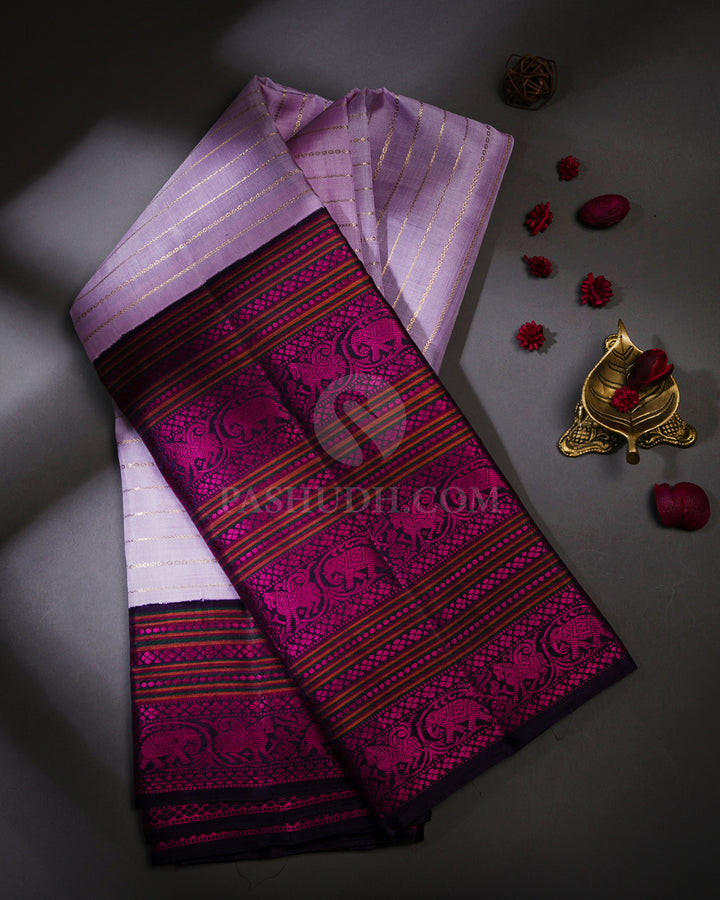 Lilac and Wine Pure Zari Kanjivaram Silk Saree - S716 - View 1