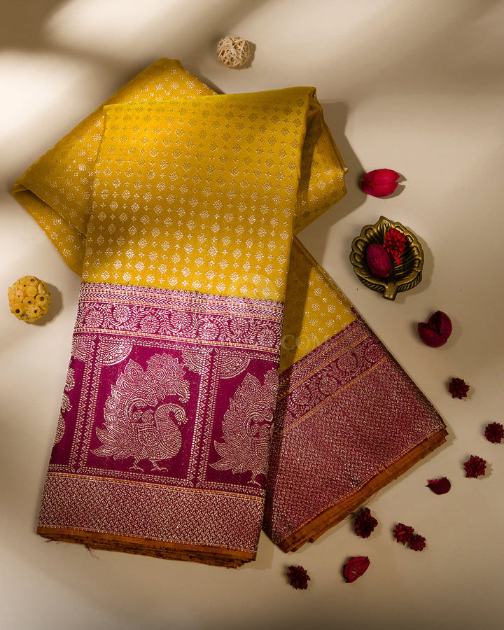 Mustard & Maroon Pure Zari Kanjivaram Silk Saree - S836