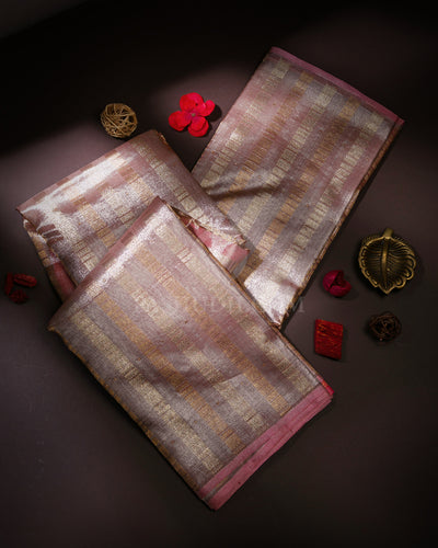 Baby Pink and Silver Organza Tissue Zari Kanjivaram Silk Saree - S696- View 1