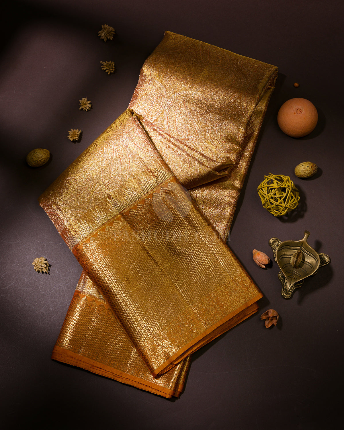 Golden Orange Tissue Kanjivaram Silk Saree - S986 