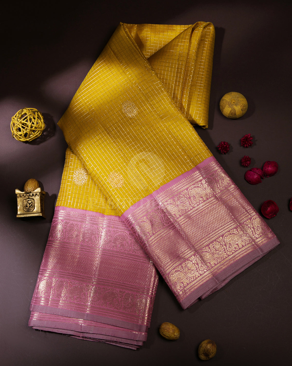 Turmeric Yellow and Baby Pink Kanjivaram Silk Saree - S697- View 1