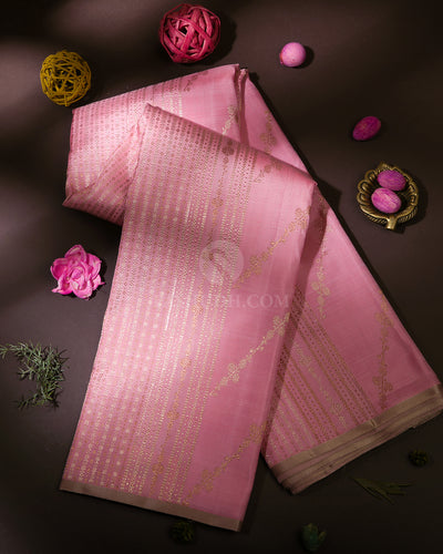 Baby Pink & Grey Kanjivaram Silk Borderless Saree  - S807 - View 1
