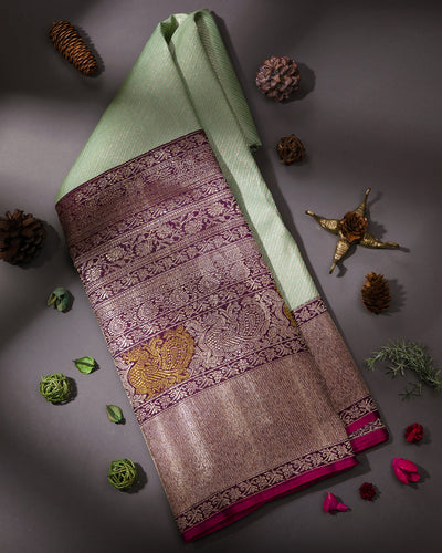 Pista Green & Violet Pure Zari Kanjivaram Silk Saree - S756 - View 1
