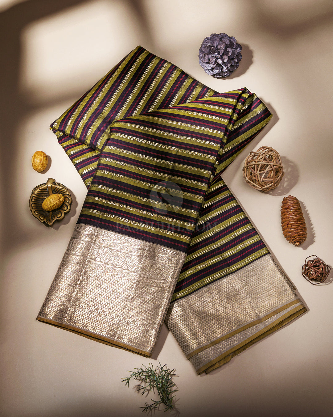 Navy Blue, Mehendi Green & Greige Kanjivaram Silk Saree - S880 - View 1
