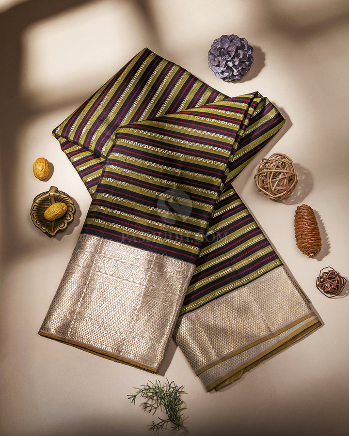 Navy Blue, Mehendi Green & Greige Kanjivaram Silk Saree - S880 - View 1