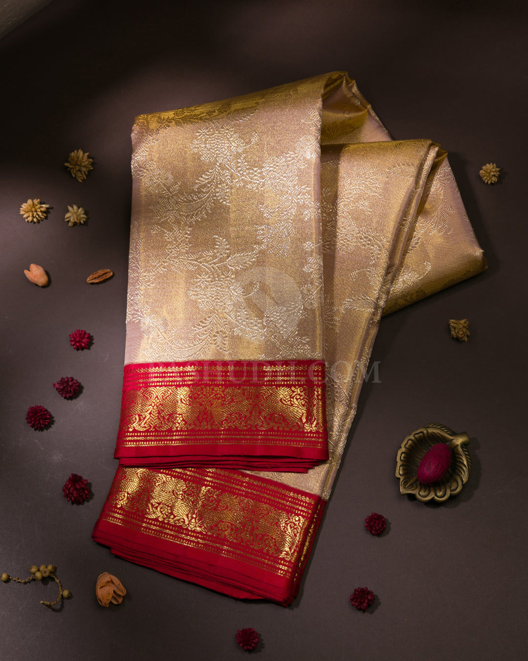 Pastel Peach & Red Tissue Kanjivaram Silk Saree - S1097(A)