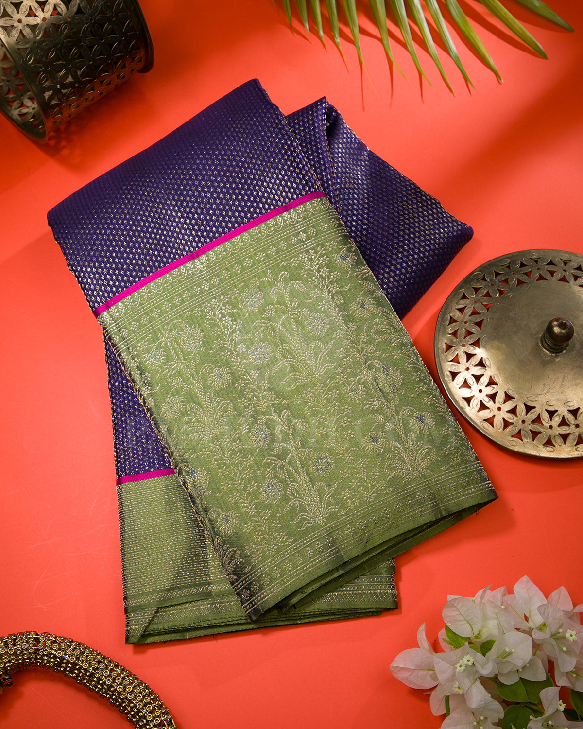 Blue and Olive Green Kanjivaram Silk Saree - DJ320(F)