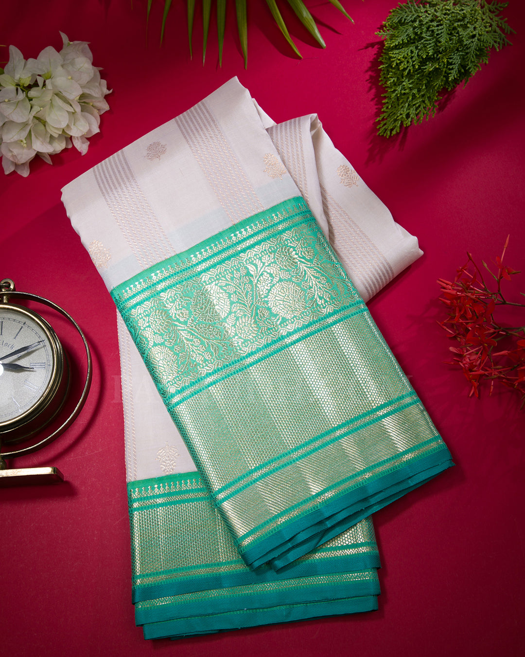 White And Sea Green Kanjivaram Silk Saree - S1270(C)