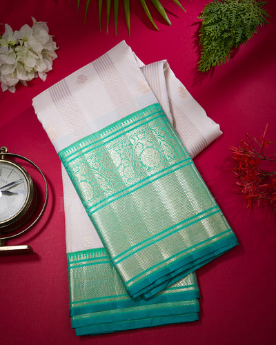 White And Sea Green Kanjivaram Silk Saree - S1270(C)