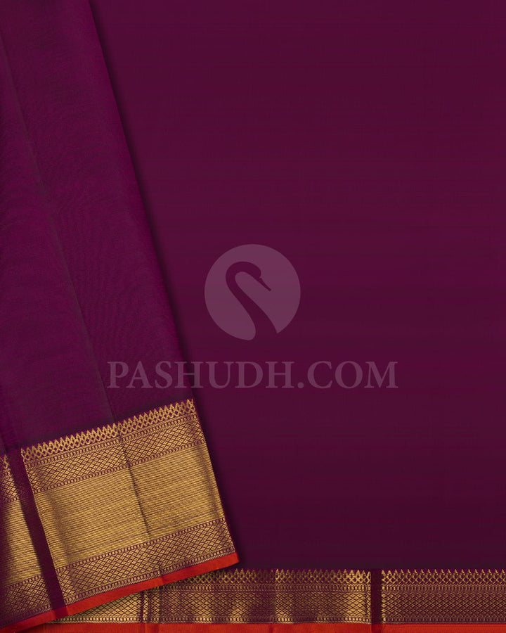 ROYAL PURPLE  GOLD KANJIVARAM SILK SAREE WITH ORANGE  SELVEDGE  AND  INTRICATE MOTIFS- RV1