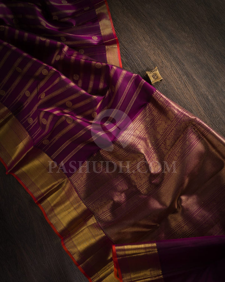ROYAL PURPLE  GOLD KANJIVARAM SILK SAREE WITH ORANGE  SELVEDGE  AND  INTRICATE MOTIFS- RV1