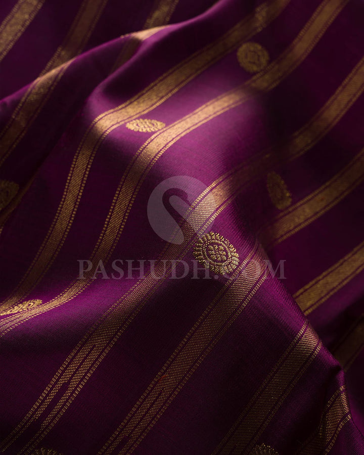 ROYAL PURPLE  GOLD KANJIVARAM SILK SAREE WITH ORANGE  SELVEDGE  AND  INTRICATE MOTIFS- RV1