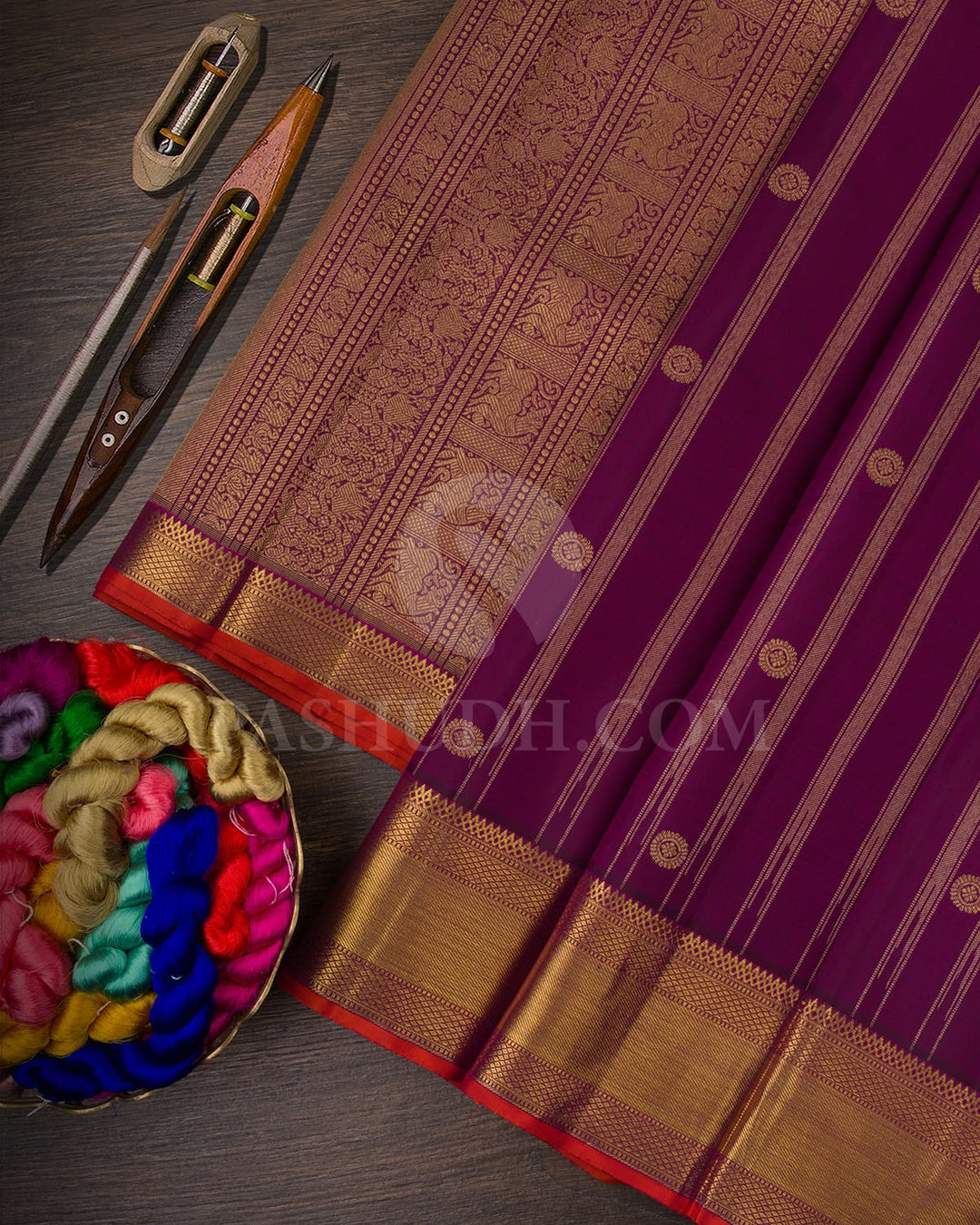 ROYAL PURPLE  GOLD KANJIVARAM SILK SAREE WITH ORANGE  SELVEDGE  AND  INTRICATE MOTIFS- RV1