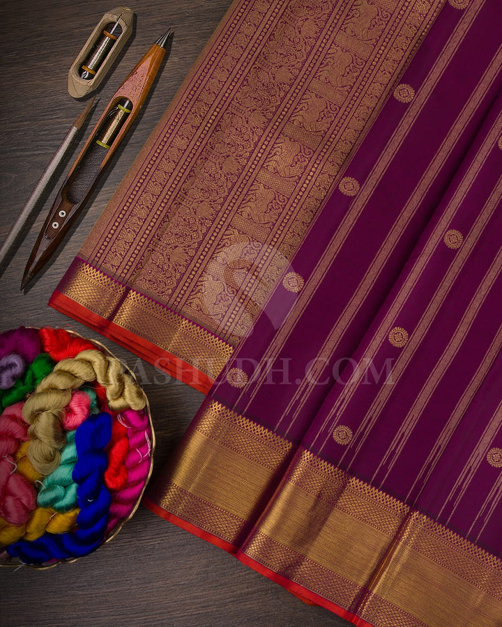 ROYAL PURPLE  GOLD KANJIVARAM SILK SAREE WITH ORANGE  SELVEDGE  AND  INTRICATE MOTIFS- RV1