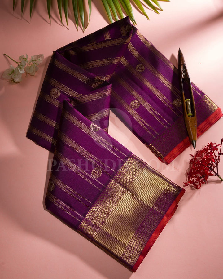 ROYAL PURPLE  GOLD KANJIVARAM SILK SAREE WITH ORANGE  SELVEDGE  AND  INTRICATE MOTIFS- RV1