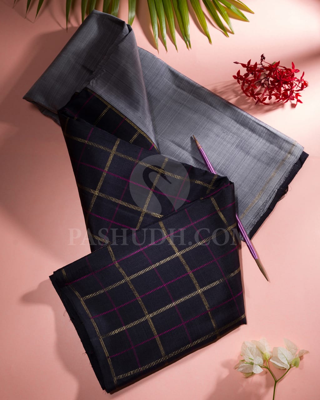 GREY&BLACK  KANJIVARAM SILK SAREE WITH EVEN GOLD ZARI KATTAM(CHECKS) -RB9