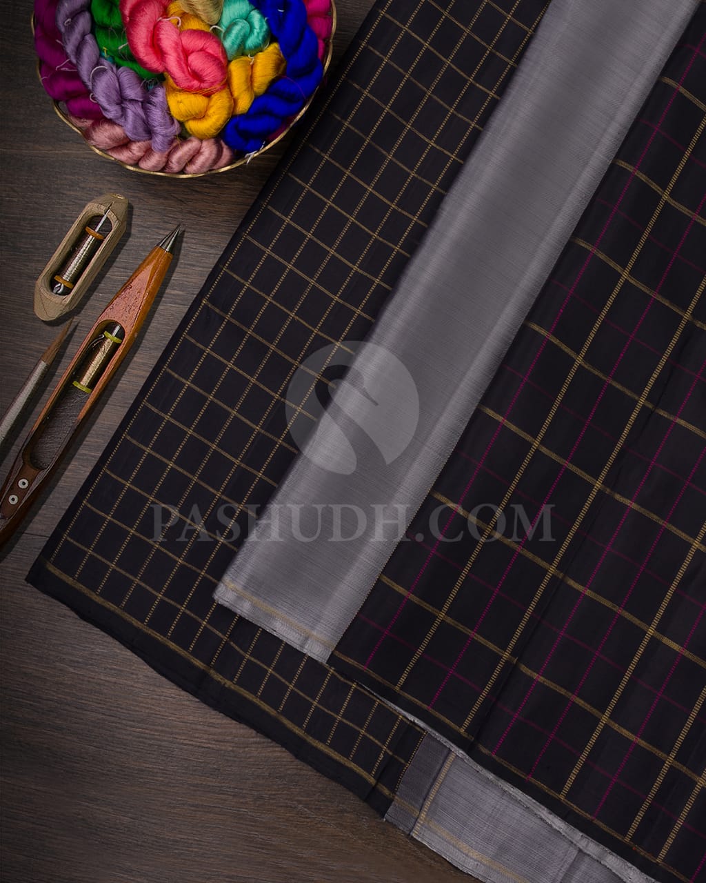 GREY&BLACK  KANJIVARAM SILK SAREE WITH EVEN GOLD ZARI KATTAM(CHECKS) -RB9