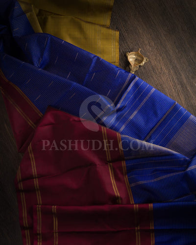 ROYAL BLUE, OLIVE GREEN  AND MAROON  KANJIVARAM SILK SAREE WITH  VAIRA OOSI  CHECKS- RS1