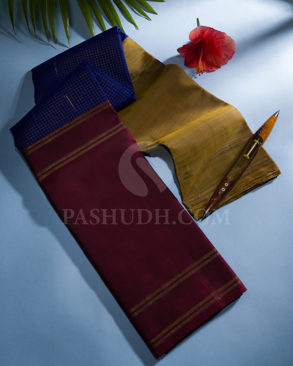 ROYAL BLUE, OLIVE GREEN  AND MAROON  KANJIVARAM SILK SAREE WITH  VAIRA OOSI  CHECKS- RS1