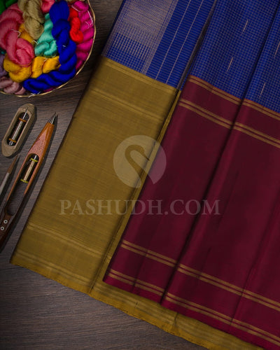 ROYAL BLUE, OLIVE GREEN  AND MAROON  KANJIVARAM SILK SAREE WITH  VAIRA OOSI  CHECKS- RS1